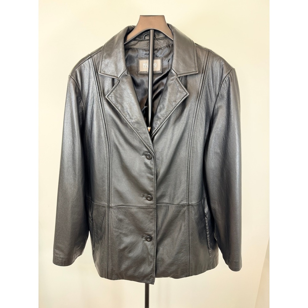 Wilsons Leather Mens Black Genuine Leather 3 Button Blazer Jacket Vintage